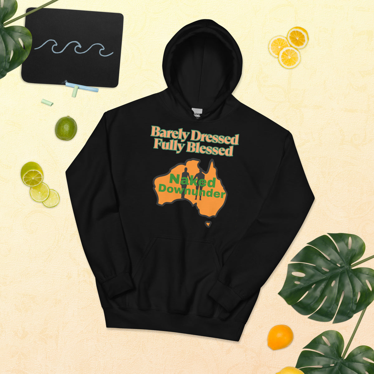 Naked Downunder Barely Dressed, Fully Blessed Unisex Hoodie – Black