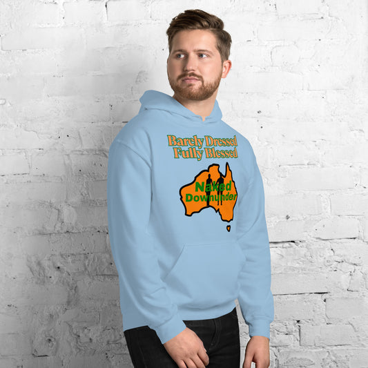 Naked Downunder Barely Dressed, Fully Blessed Unisex Hoodie – Light Blue