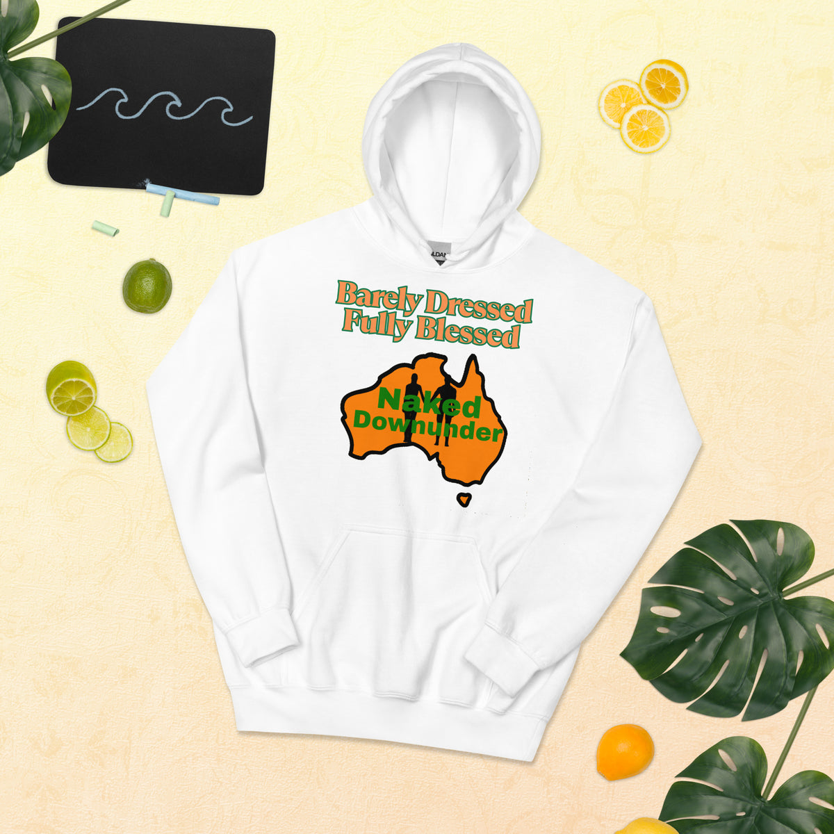 Naked Downunder Barely Dressed, Fully Blessed Unisex Hoodie – White