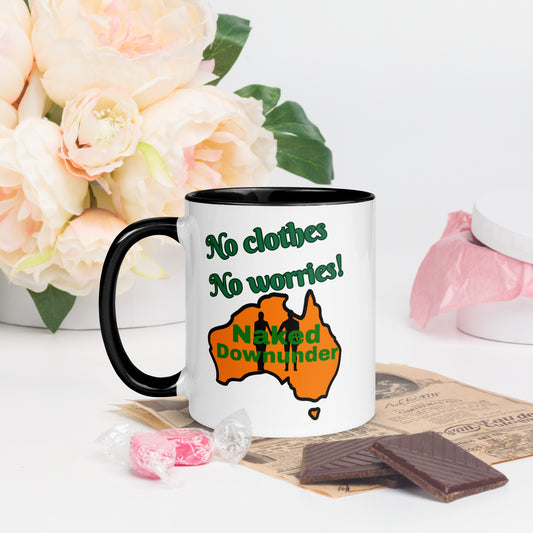Naked Downunder No Clothes, No Worries Mug with Colour Inside – Black