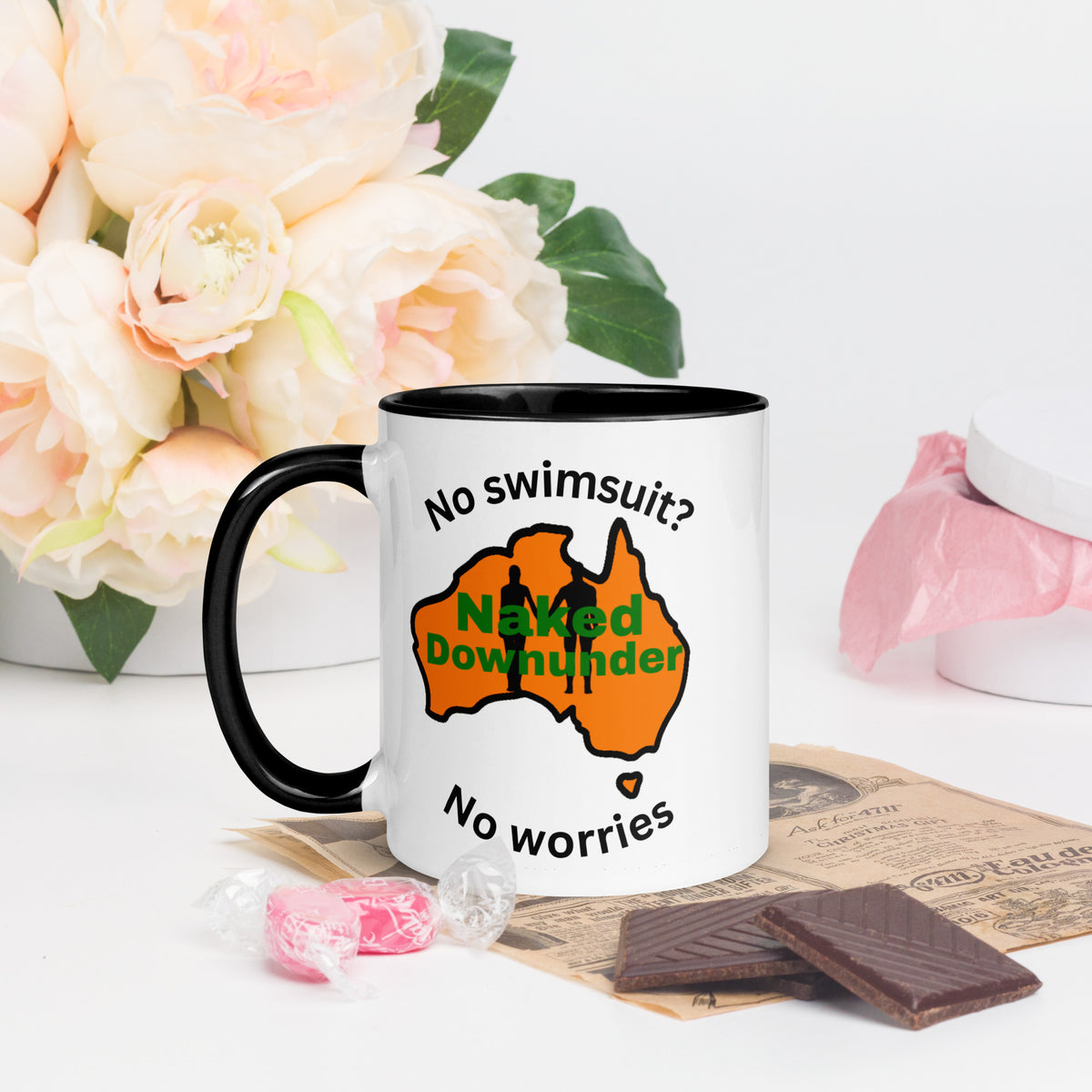 Naked Downunder No Swimsuit, No Worries Mug with Colour Inside – Black