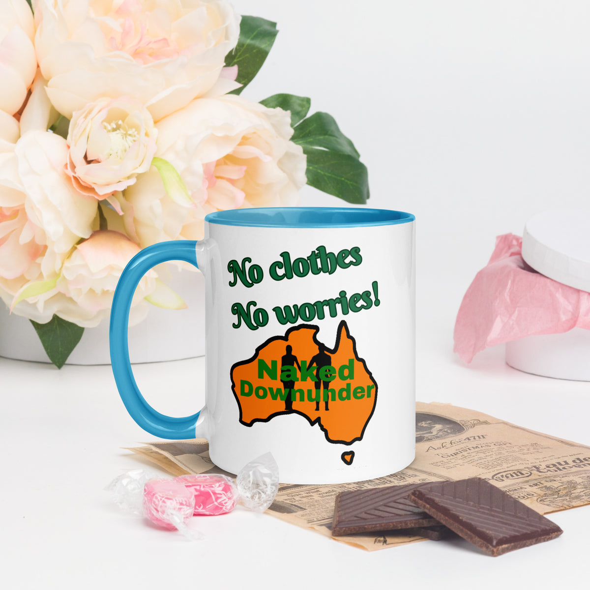 Naked Downunder No Clothes, No Worries Mug with Colour Inside – Blue