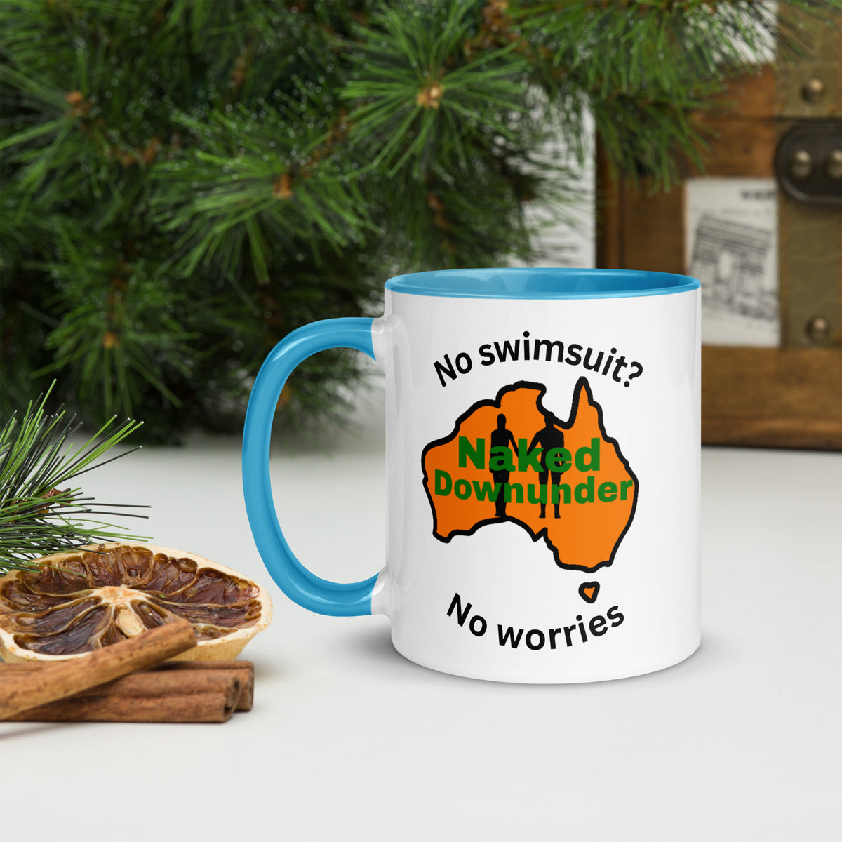 Naked Downunder No Swimsuit, No Worries Mug with Colour Inside – Blue