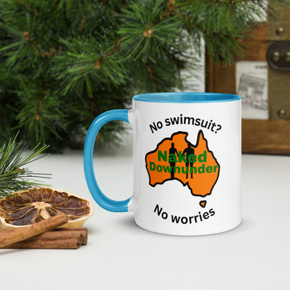 Naked Downunder No Swimsuit, No Worries Mug with Colour Inside – Blue