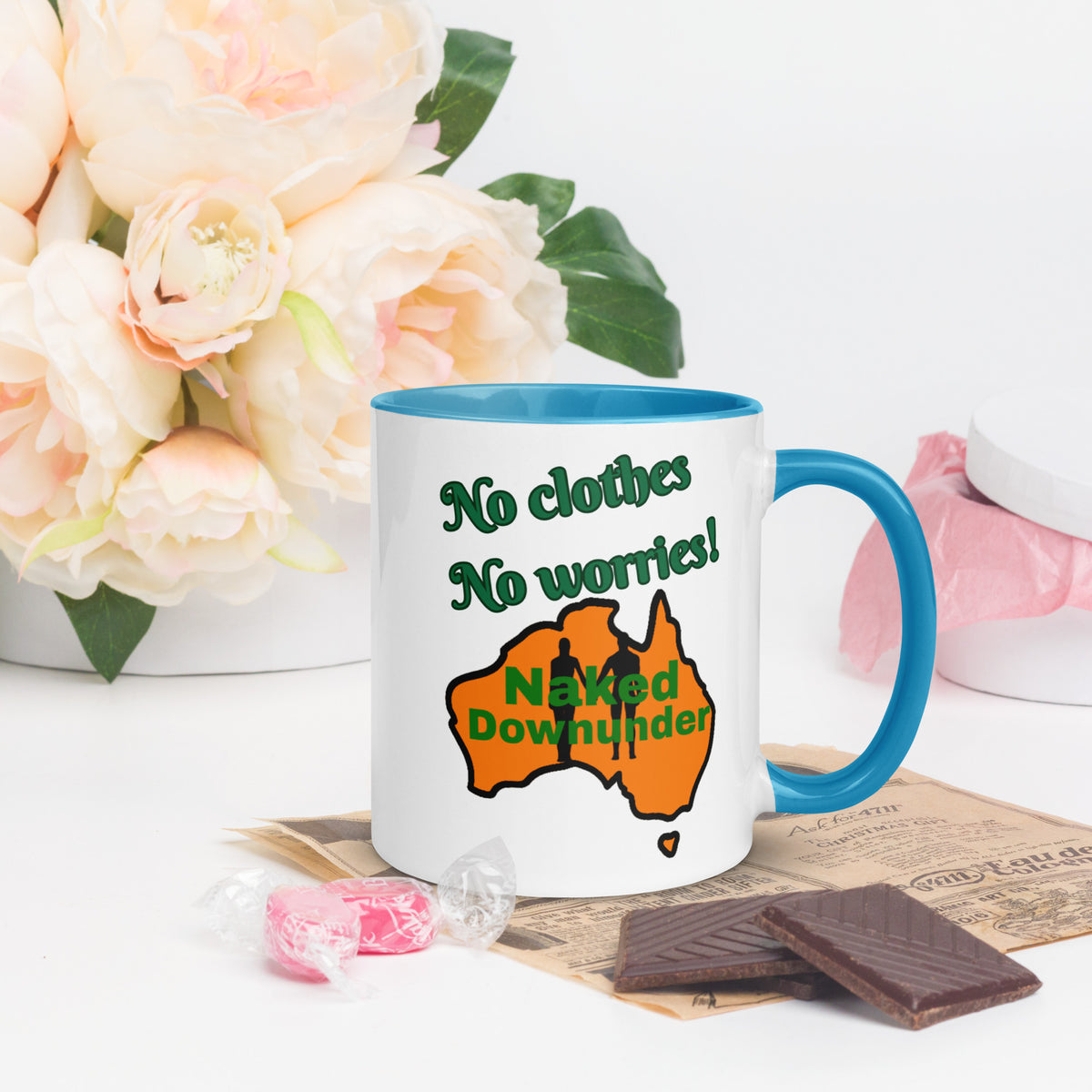 Naked Downunder No Clothes, No Worries Mug with Colour Inside