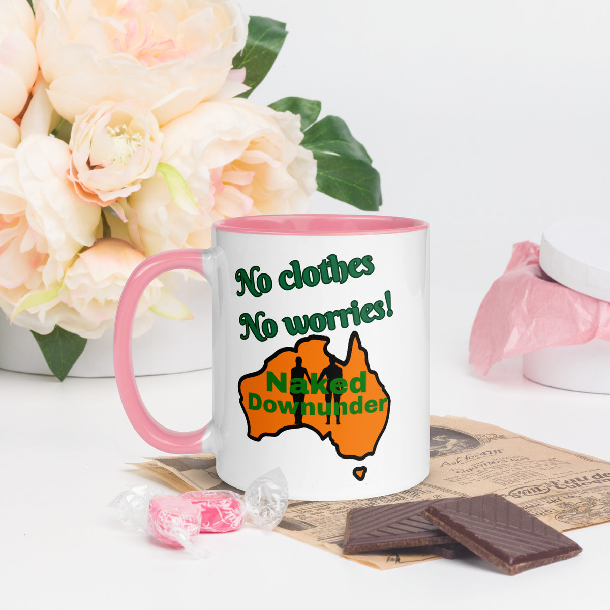 Naked Downunder No Clothes, No Worries Mug with Colour Inside – Pink