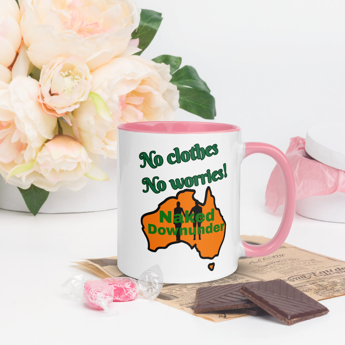 Naked Downunder No Clothes, No Worries Mug with Colour Inside