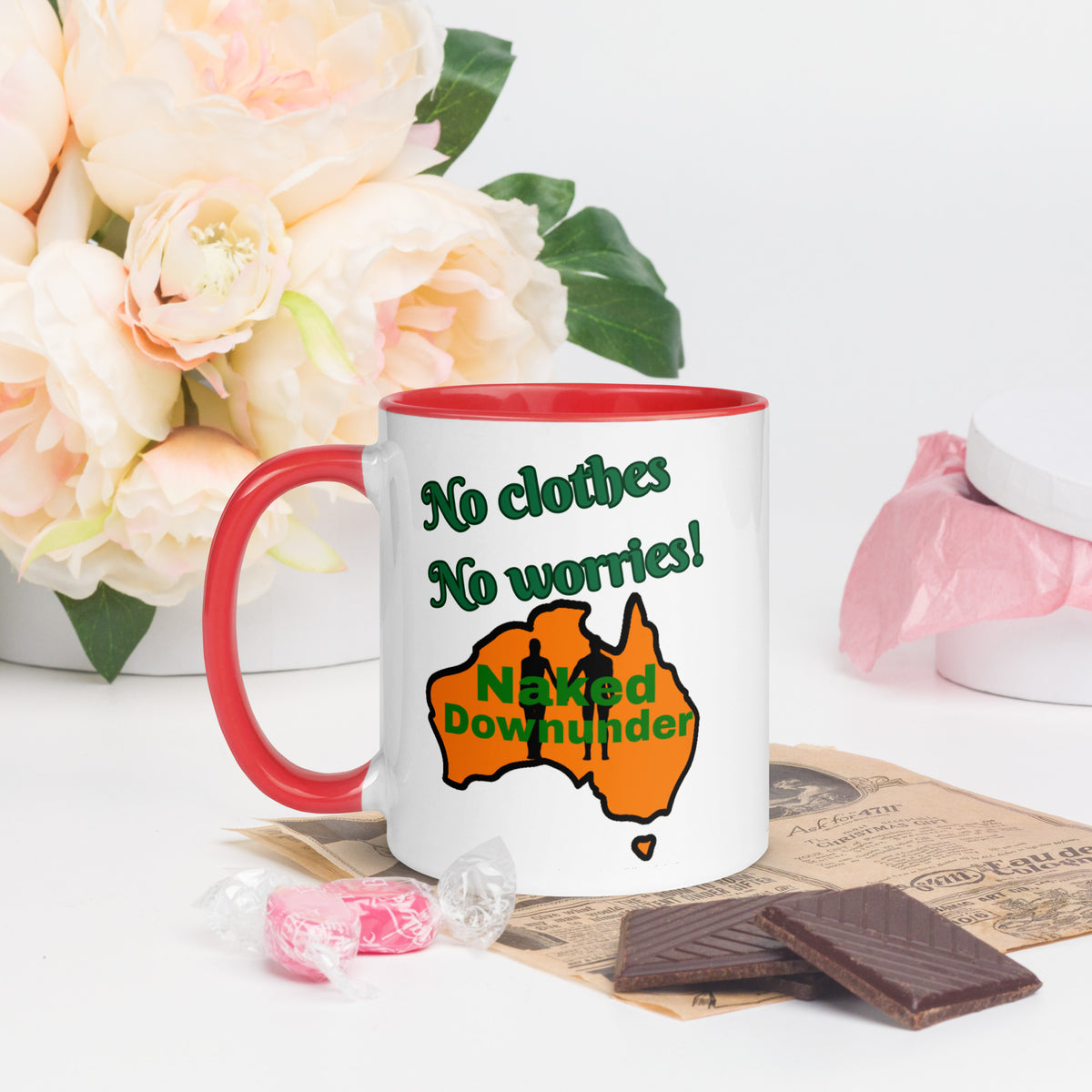 Naked Downunder No Clothes, No Worries Mug with Colour Inside – Red